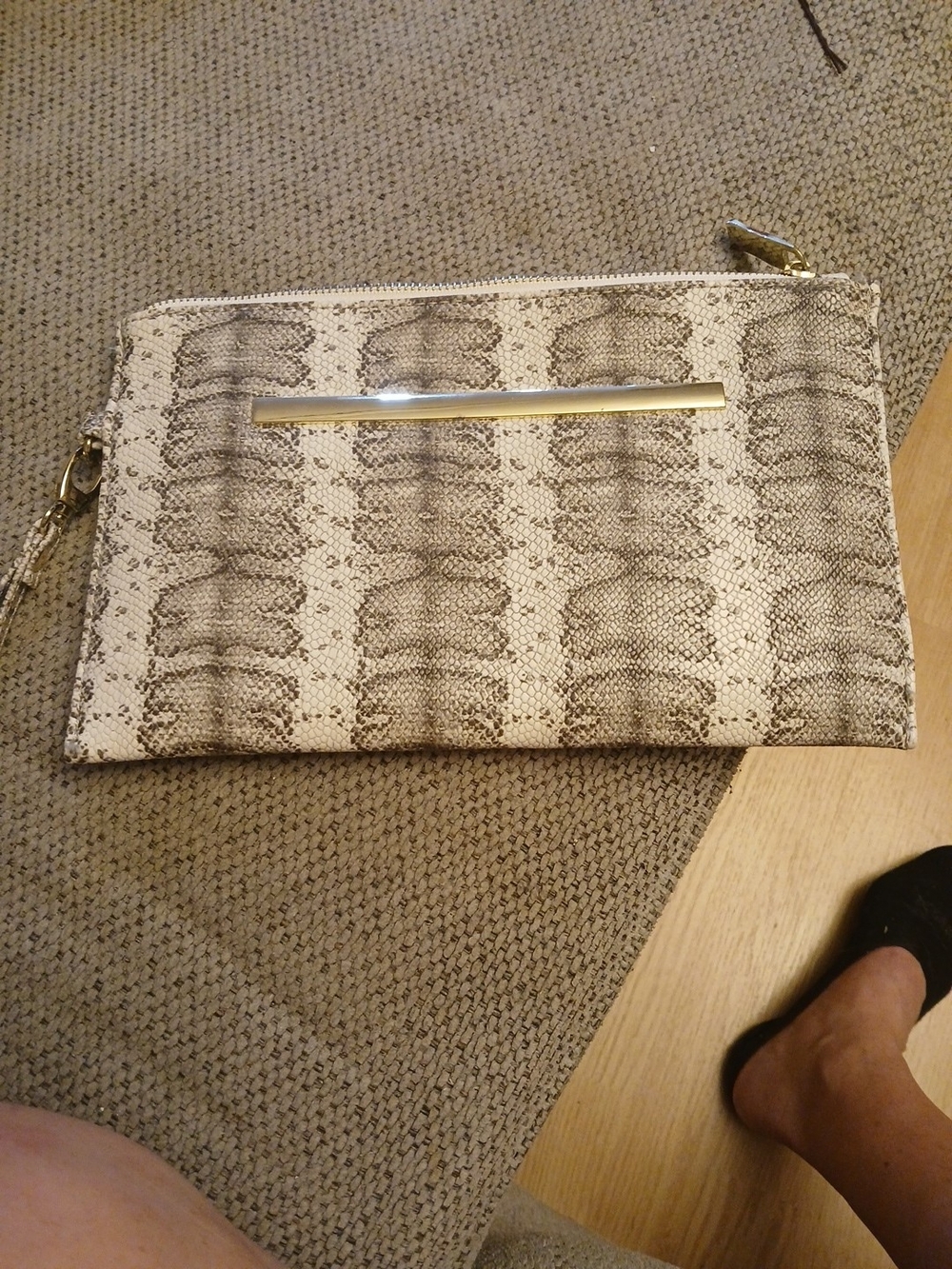 Neutral Snake-Print Wristlet Clutch with Gold Accent